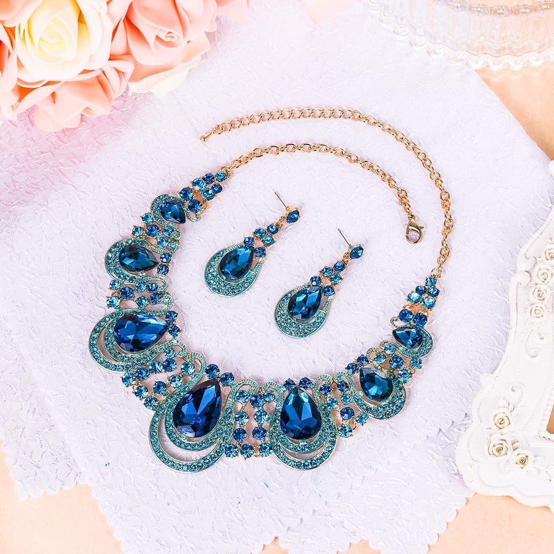 BriLove Costume Fashion Jewelry Set for Women Crystal Teardrop Hollow Scroll Statement Necklace Dangle Earrings Blue Topaz Color Gold-Toned - Image 2